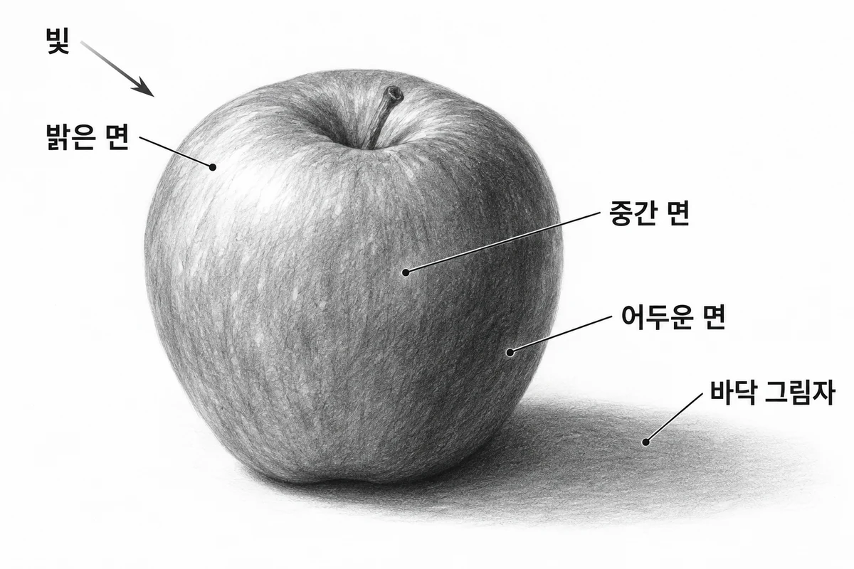 왼쪽 위에서 빛을 받은 사과의 밝은 면, 중간 면, 어두운 면과 오른쪽 바닥 그림자를 표시한 연필 그림