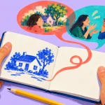 집을 그린 스케치북에서 기억과 대화의 말풍선이 이어지는 소장품 기사 일러스트