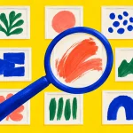 노란 바탕 위 돋보기로 작은 그림을 살펴보며 취향을 찾는 일러스트