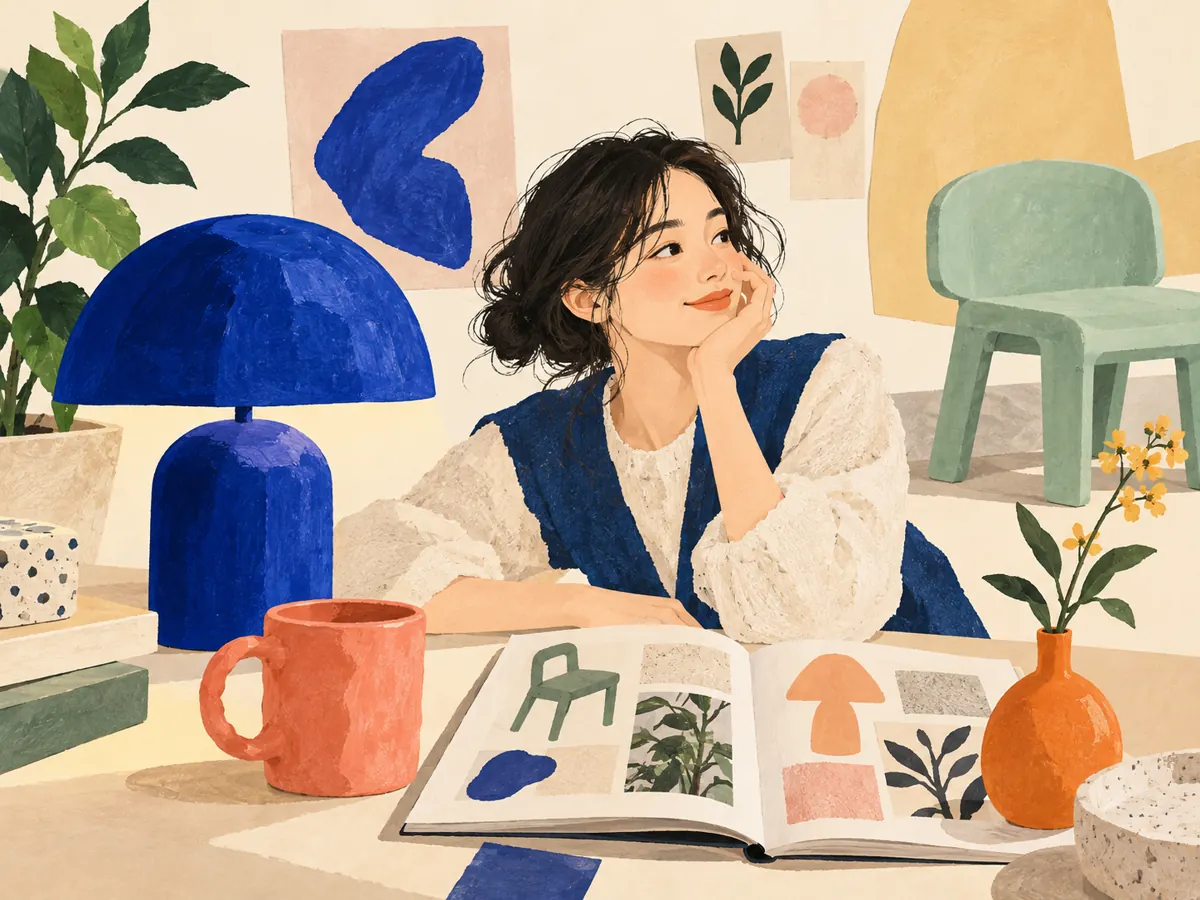 서울디자인위크 기사 주제를 표현한 컵과 조명, 의자와 생활 디자인 일러스트