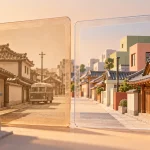 두 개의 투명한 프레임에 옛 골목과 오늘의 골목을 나란히 표현한 전주 기록사진전 기사 일러스트