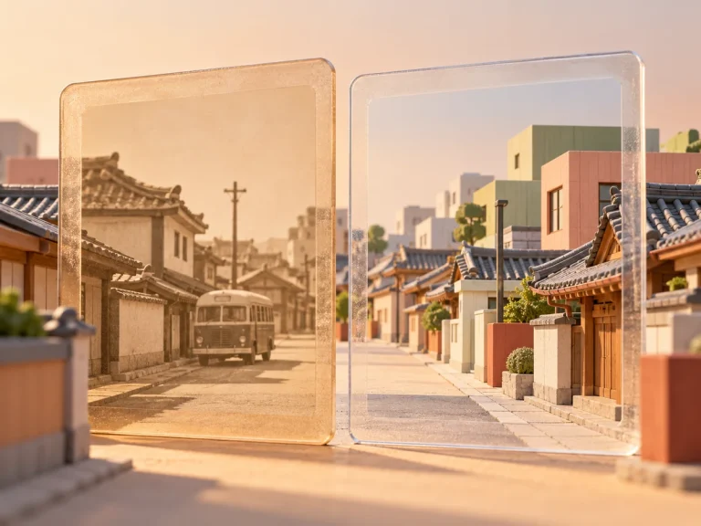 두 개의 투명한 프레임에 옛 골목과 오늘의 골목을 나란히 표현한 전주 기록사진전 기사 일러스트