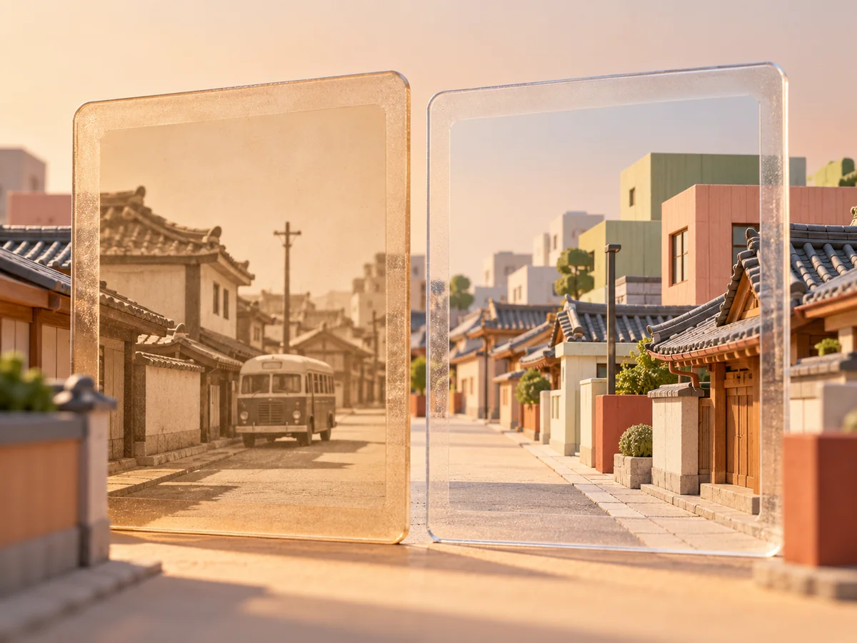 두 개의 투명한 프레임에 옛 골목과 오늘의 골목을 나란히 표현한 전주 기록사진전 기사 일러스트