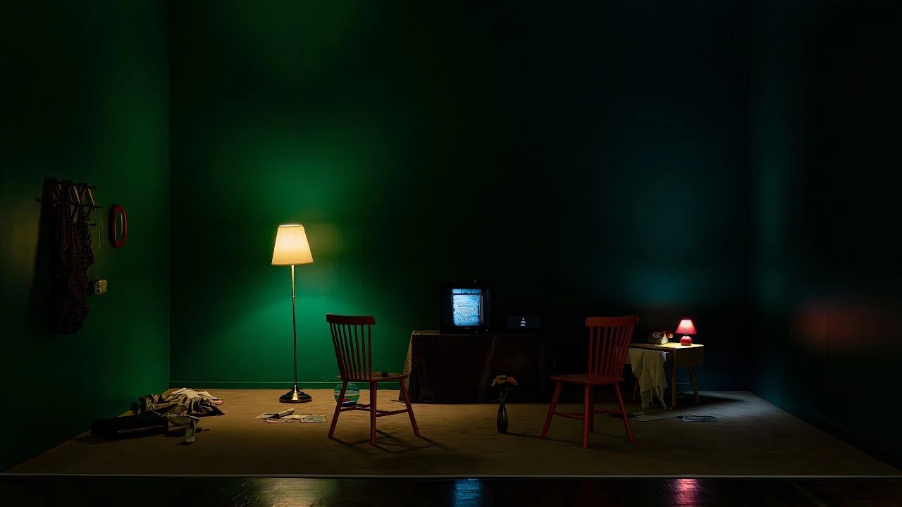 서울시립미술관에 설치된 린 허쉬만 리슨의 로나, 초록색 방 안의 텔레비전과 의자