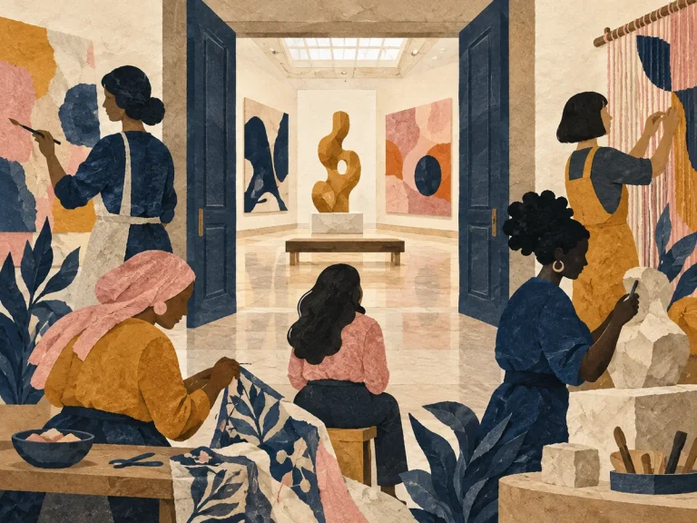 여성 작가들의 창작 활동과 미술관의 열린 문을 표현한 일러스트