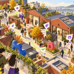 게임 미션과 창작 공간을 따라 걷는 성수동 골목의 주제 일러스트
